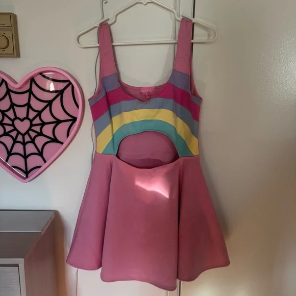 Sugar Thrillz Rainbow Cut Out Skater Dress Size L - Picture 2 of 5